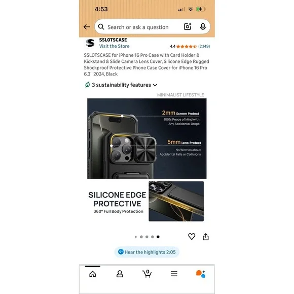 Iphone 16 Pro Case W Card Holder Kickstand Slide Camera Lens Cover 6.3" Blk - Picture 9 of 9